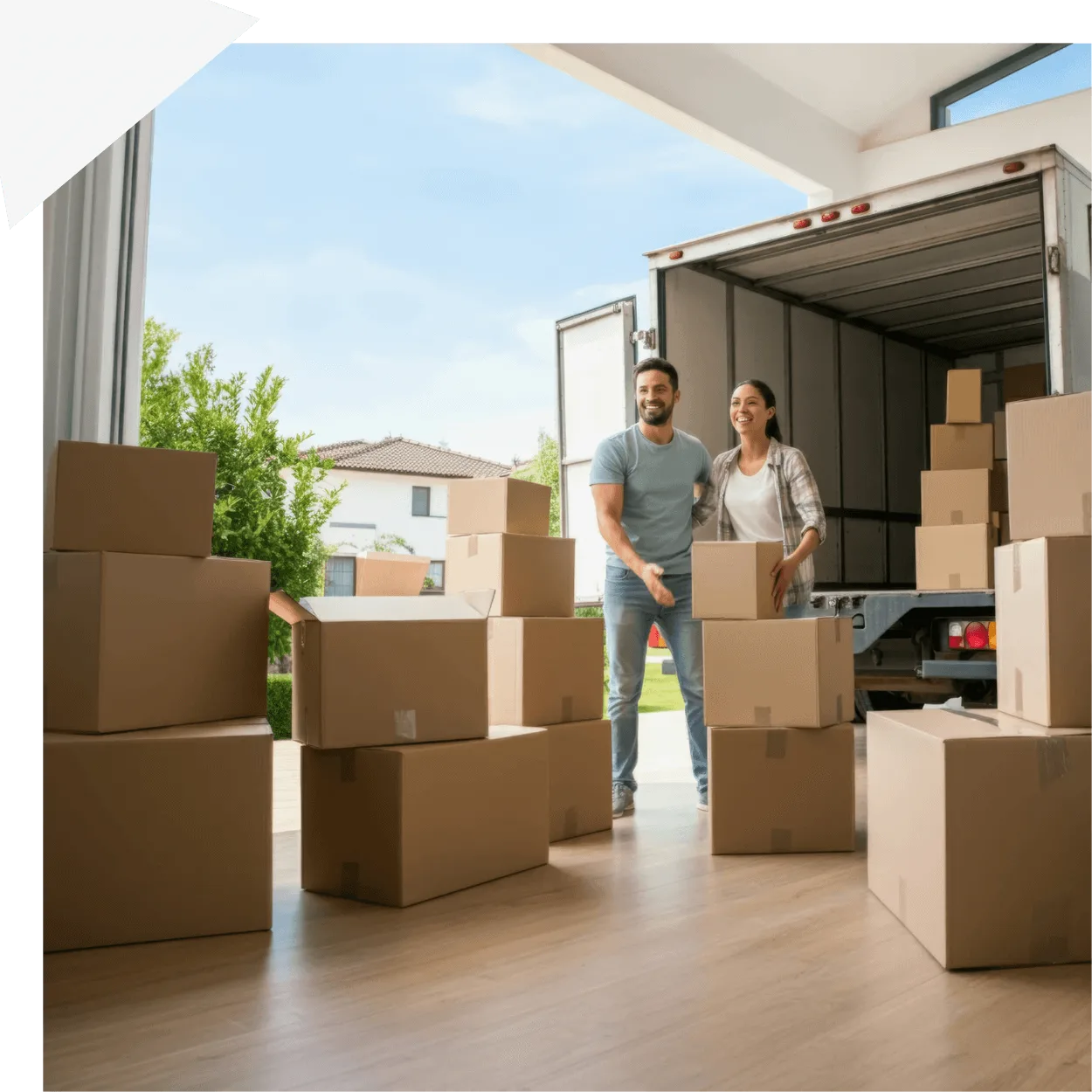 Couple with moving boxes outside their new home