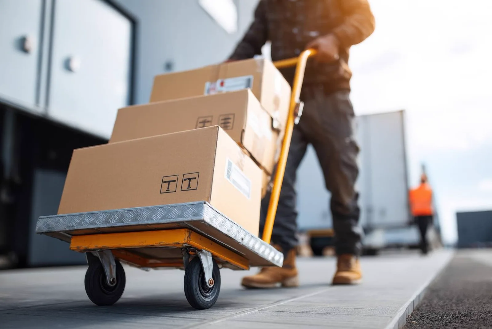 Boxes on a trolley beside a lorry